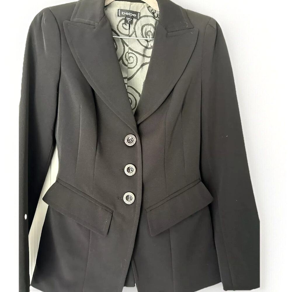 90s VTG y2k BEBE blazer jacket Size 2 Black Silver Office corporate dark fairy